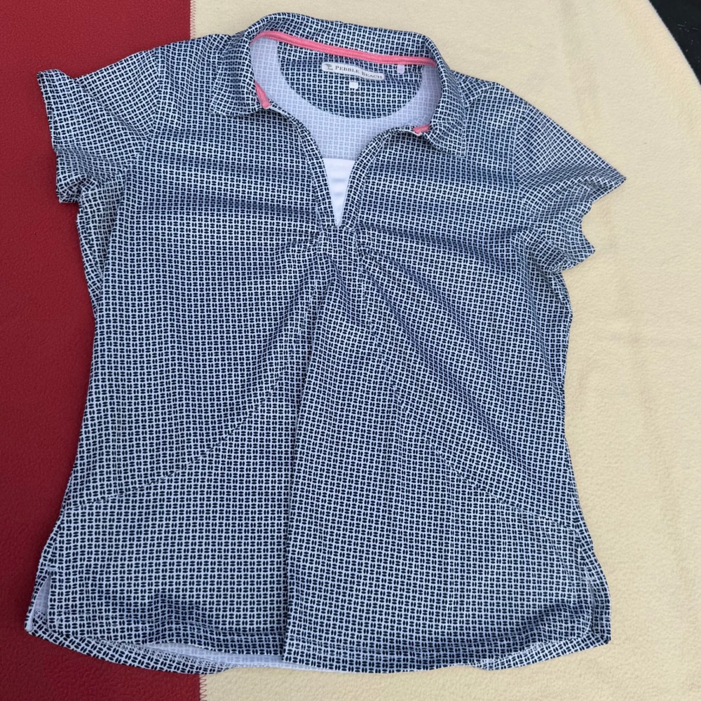 Pebble Beach Performance Golf Polo Shirt Womens Large Blue White Geometric Print